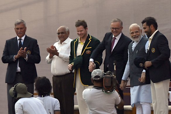Albanese and Modi meet Steve Smith and Rohit Sharma in Ahmedabad in 2023.