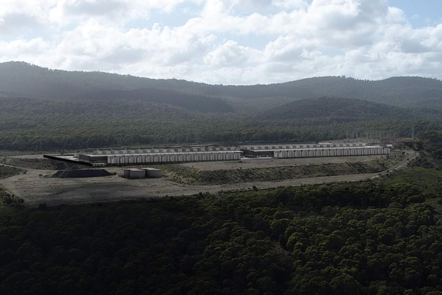 A large data centre sits prominantly in a forested landscape at Bell Bay.