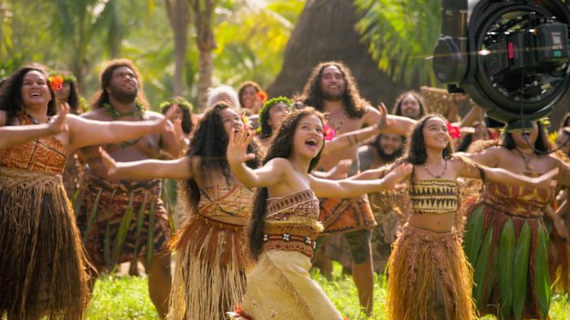Catherine, pictured here on the set of Disney’s live-action Moana, juggled her year 12 exams during the film’s five-month shoot.