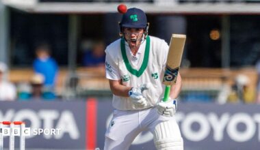 Ireland's Reuben Wilson turns down a single after he defends a ball during their Test against New Zealand