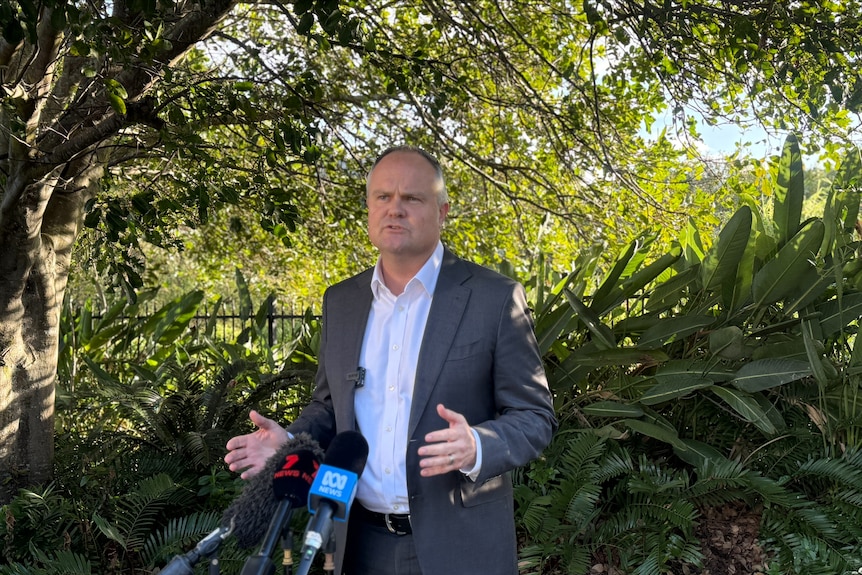 A man in a suit, speaking in front of media microphones, with trees and foliage in the background.