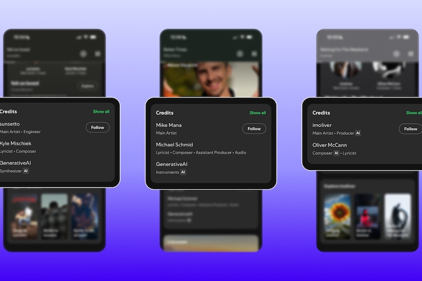 Three smart phones with Spotify music on screens and AI labels next to credits