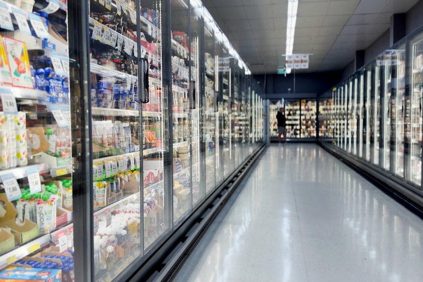 Looking down a refrigerator aisle in a supermarket.