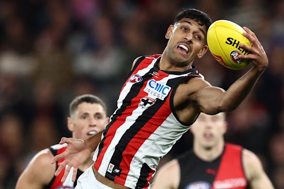 Nasiah Wanganeen-Milera of the Saints marks the ball.