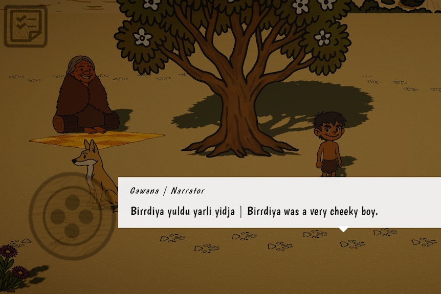 A cartoon character of a boy, an older woman and a dingo on a video game screen