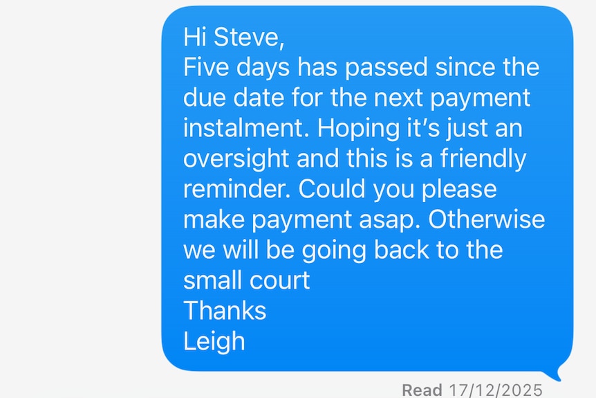 A text message showing Mr Peters asking Mr Preston why he is late on his payment plan.