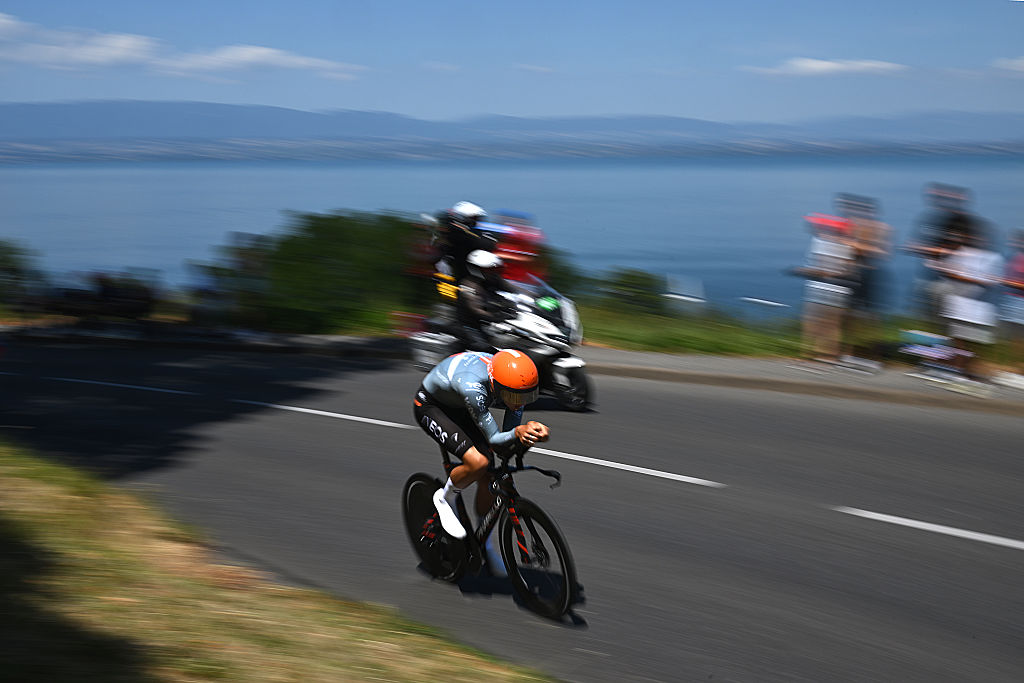 THONON-LES-BAINS, FRANCE - JULY 21: Joshua Tarling of Great Britain and Netcompany INEOS Cycling Team competes during the 113th Tour de France 2026, Stage 16 a 26.1km individual time trial stage from Evian-les-Bains to Thonon-les-Bains / #UCIWT / on July 21, 2026 in Thonon-les-Bains, France. (Photo by Dario Belingheri/Getty Images)