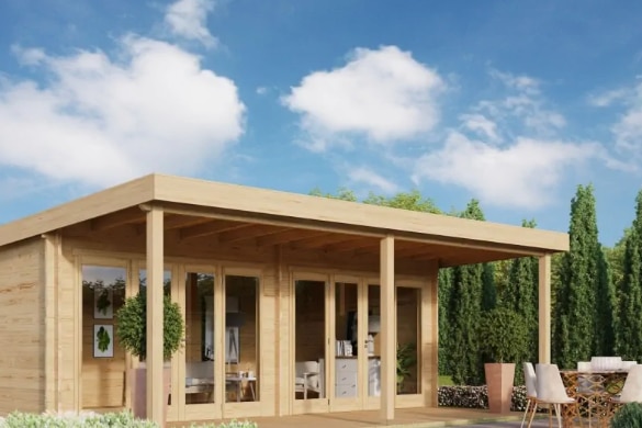 Artistic render of garden shed in a garden.