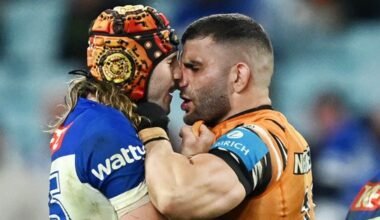 NRL 2026, Bulldogs, Wests Tigers, Jaeman Salmon, Alex Twal, push and shove, shook hands, Warriors