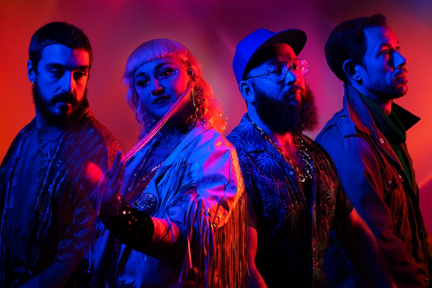 Red & Blue tinted portrait of Melbourne quartet Hiatus Kaiyote