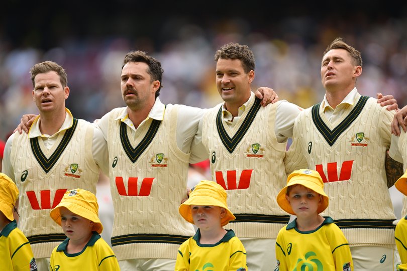 Australian players singing the national anthem during last summer’s Ashes series.