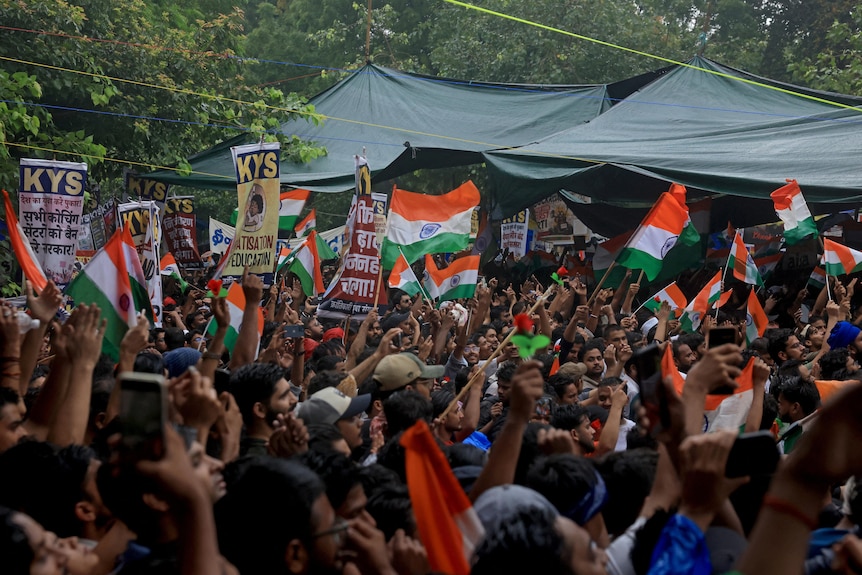 A large crowd of protesters hold up signs in Hindi and wave Indian flags