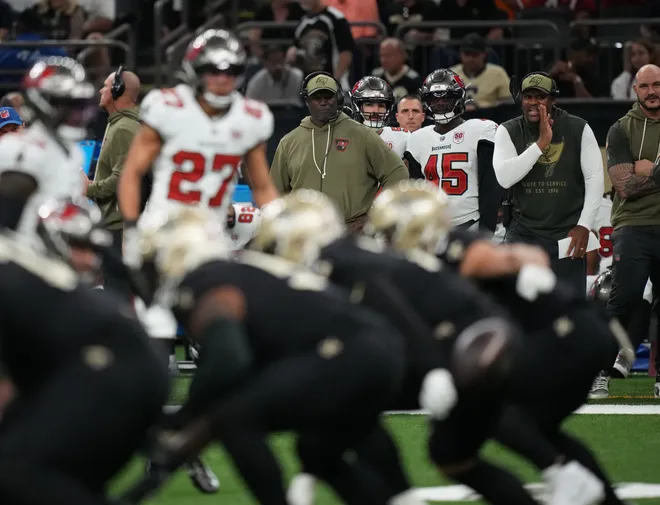 Oct 26, 2025; New Orleans, Louisiana, USA; Tampa Bay Buccaneers head coach Todd Bowles stands on the sidelines during the first quarter against the New Orleans Saints at Caesars Superdome. Mandatory Credit: Matthew Hinton-Imagn Images