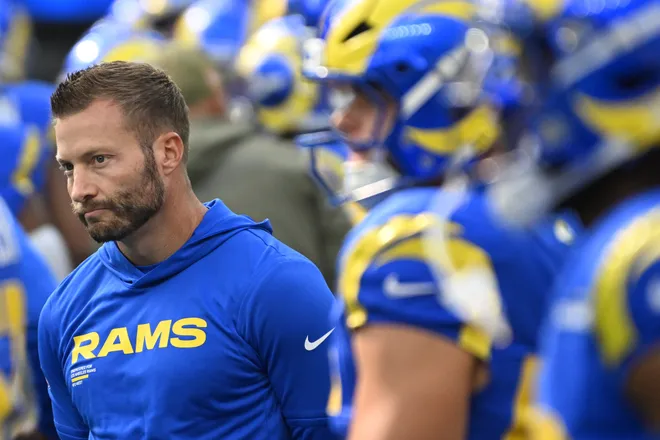 INGLEWOOD, CALIFORNIA - NOVEMBER 02: Head coach Sean McVay of the Los Angeles Rams looks on prior to the game against the New Orleans Saints at SoFi Stadium on November 02, 2025 in Inglewood, California. (Photo by Wally Skalij/Getty Images)