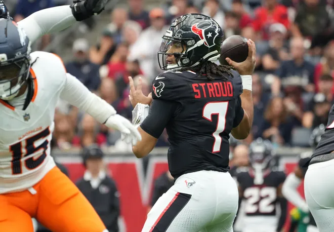 Nov 2, 2025; Houston, Texas, USA; Houston Texans quarterback C.J. Stroud (7) throws during the first half against the Denver Broncos at NRG Stadium. Mandatory Credit: Sean Thomas-Imagn Images