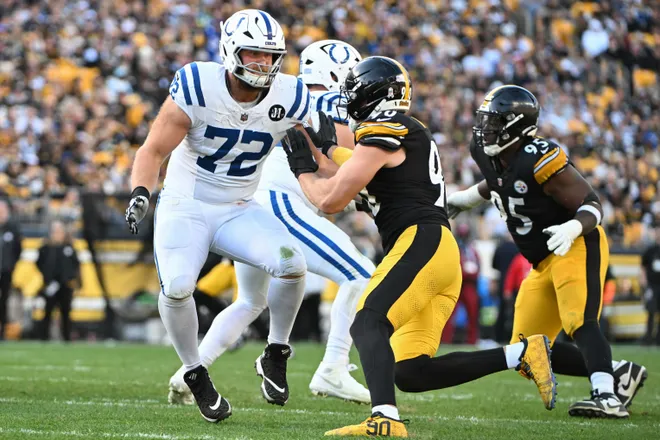 Nov 2, 2025; Pittsburgh, Pennsylvania, USA; Indianapolis Colts offensive tackle Braden Smith (72) looks to block Pittsburgh Steelers linebacker T.J. Watt (90) during the first half at Acrisure Stadium. Mandatory Credit: Barry Reeger-Imagn Images