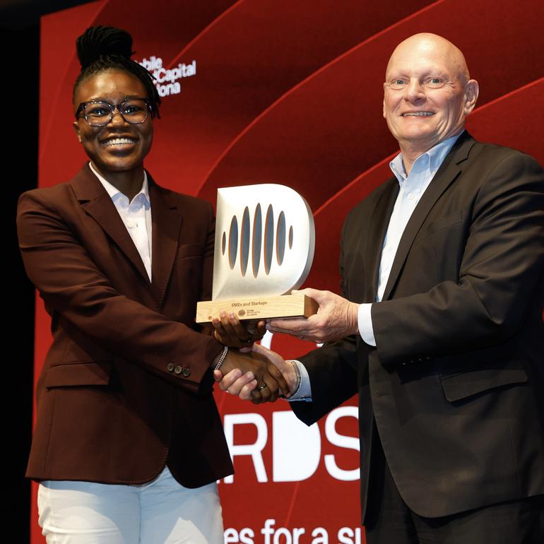 Chargebyte co-founder Ochieng Quinter receives the global SMEs & Startups Category award at La Pedrera, Barcelona (Image: Files)