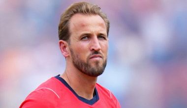 Harry Kane #9 of England looks on during the international friendly match between England and New Zealand at Raymond James Stadium on June 06, 2026 in Tampa, Florida.
