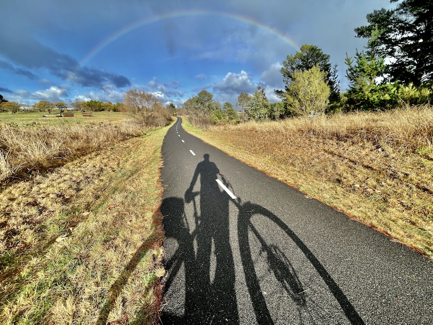 The silhouette of a cyclist looms over a cycle path in the middle of a field.