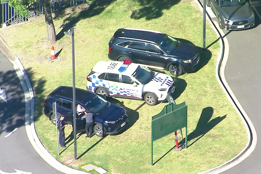 An aerial view of police vehicles parked on a grassy verge.