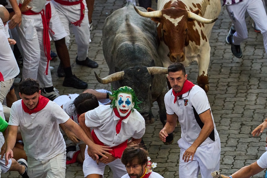 Revellers run alongside fighting bulls in a cobbled street. One runner has their face painted in red, green and white.