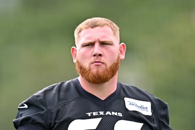 Jun 9, 2026; Houston, Texas, USA; Houston Texans guard Keylan Rutledge arrives for the team’s minicamp at Houston Methodist Training Center. Mandatory Credit: Maria Lysaker-Imagn Images