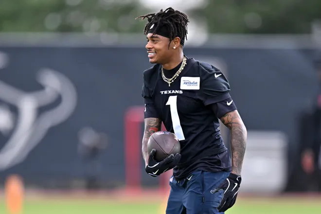 Jun 10, 2026; Houston, Texas, USA; Houston Texans wide receiver Tank Dell (1) participates during the team’s minicamp at Houston Methodist Training Center. Mandatory Credit: Maria Lysaker-Imagn Images