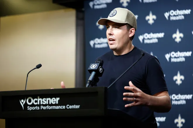 METAIRIE, LOUISIANA - JUNE 17: Head coach Kellen Moore of the New Orleans Saints speaks to media during mandatory mini camp at Ochsner Sports Performance Center on June 17, 2026 in Metairie, Louisiana. (Photo by Tyler Kaufman/Getty Images)