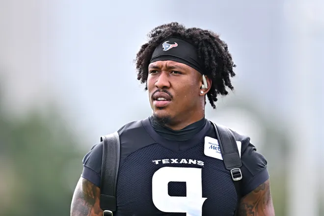 Jun 9, 2026; Houston, Texas, USA; Houston Texans tight end Brevin Jordan arrives for the team’s minicamp at Houston Methodist Training Center. Mandatory Credit: Maria Lysaker-Imagn Images