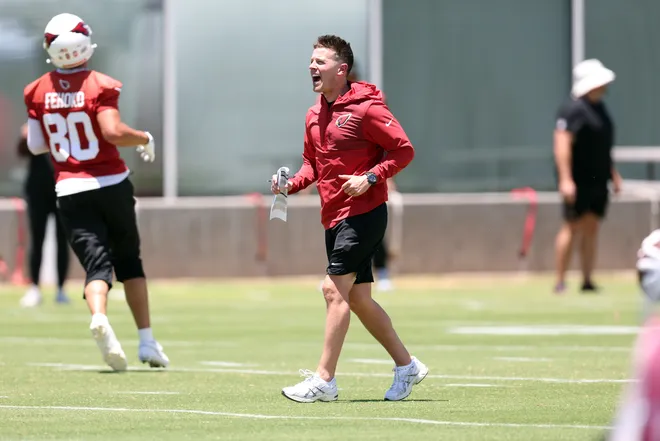 TEMPE, ARIZONA - JUNE 09: Head coach Mike LaFleur of the Arizona Cardinals during the mandatory minicamp at Dignity Health Arizona Cardinals Training Center on June 09, 2026 in Tempe, Arizona. (Photo by Chris Coduto/Getty Images)