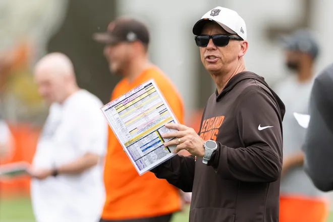 Jun 9, 2026; Berea, OH, USA; Cleveland Browns head coach Todd Monken reacts to a play during mandatory mini camp at Cross Country Mortgage Campus. Mandatory Credit: Scott Galvin-Imagn Images