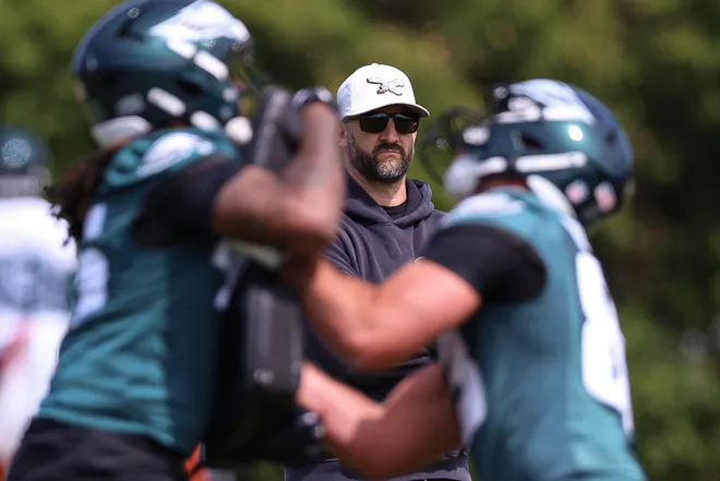 May 1, 2026; Philadelphia, PA, USA; Philadelphia Eagles head coach Nick Sirianni looks on during rookie minicamp at NovaCare Complex. Mandatory Credit: Bill Streicher-Imagn Images