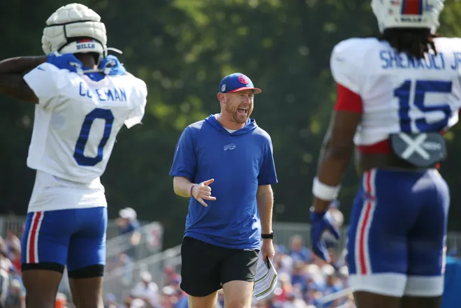 Bills offensive coordinator Joe Brady gives instructions during drills during day six of Buffalo Bills training camp at St. John Fisher University Tuesday, July 29, 2025 in Pittsford, NY.