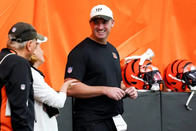Cincinnati Bengals head coach Zac Taylor on the sidelines during practice on Tuesday, June 9, 2026, inside the teams practice bubble.