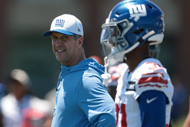 Jun 3, 2026; East Rutherford, NJ, USA; New York Giants head coach John Harbaugh looks on during organized team activities at Quest Diagnostics Training Center. Mandatory Credit: Vincent Carchietta-Imagn Images