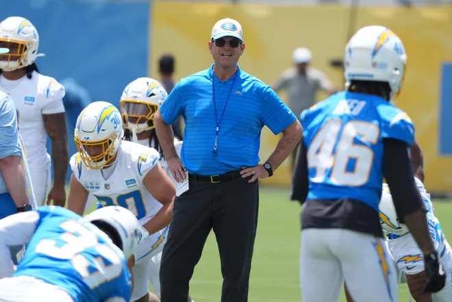 Jun 17, 2026; El Segundo, CA, USA; Los Angeles Chargers coach Jim Harbaugh during minicamp at The Bolt. Mandatory Credit: Kirby Lee-Imagn Images
