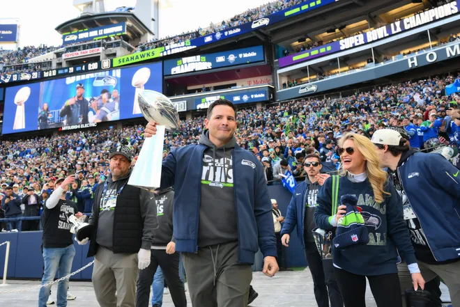 Feb 11, 2026; Seattle, WA, USA; Seattle Seahawks head coach Mike MacDonald before the Super Bowl LX trophy presentation at Lumen Field. Mandatory Credit: Steven Bisig-Imagn Images