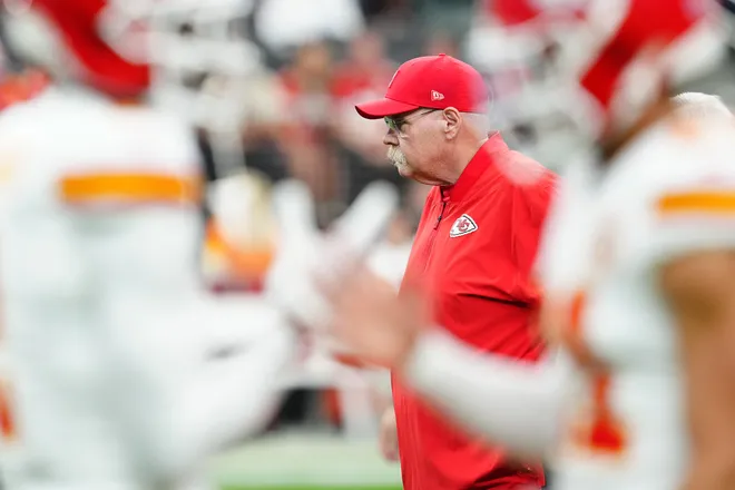Jan 4, 2026; Paradise, Nevada, USA; Kansas City Chiefs head coach Andy Reid observes warm ups before a game against the Las Vegas Raiders at Allegiant Stadium. Mandatory Credit: Stephen R. Sylvanie-Imagn Images