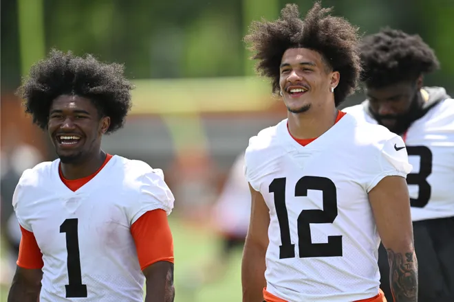 Jun 11, 2026; Berea, OH, USA; Cleveland Browns wide receiver KC Concepcion (1) and wide receiver Denzel Boston (12) exit the field during minicamp at CrossCountry Mortgage Campus. Mandatory Credit: Ken Blaze-Imagn Images