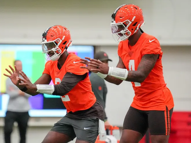 Quarterbacks Shedeur Sanders and Deshaun Watson at the Browns OTA camp in Berea on May 20, 2026.