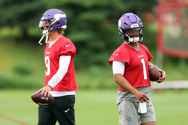 Kyler Murray #1 of the Minnesota Vikings looks on during minicamp at Twin Cities Orthopedics Performance Center on June 10, 2026 in Eagan, Minnesota.