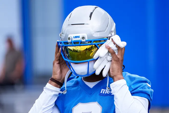 Detroit Lions running back Jahmyr Gibbs (0) during mini camp at Meijer Performance Center in Allen Park on Tuesday, June 16, 2026.