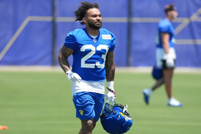 Los Angeles Rams running back Kyren Williams (23) during organized team activities at Rams Practice Facility.