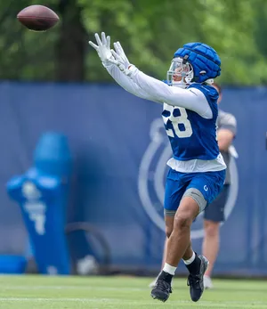 Indianapolis Colts running back Jonathan Taylor (28) pulls in a pass Wednesday, June 10, 2026, during minicamp at Indiana Farm Bureau Football Center in Indianapolis.
