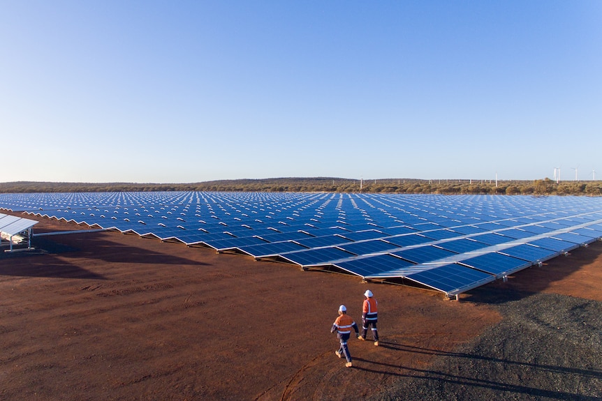 An aerial photo of the folding 5B solar arrays at the Bellvue gold mine in Western Australia.