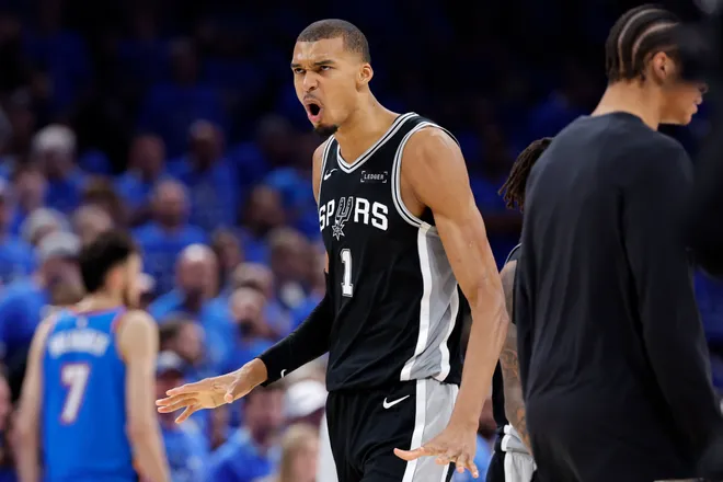 May 30, 2026; Oklahoma City, Oklahoma, USA; San Antonio Spurs forward Victor Wembanyama (1) reacts in the fourth quarter against the Oklahoma City Thunder during game seven of the western conference finals for the 2026 NBA playoffs at Paycom Center. Mandatory Credit: Alonzo Adams-Imagn Images