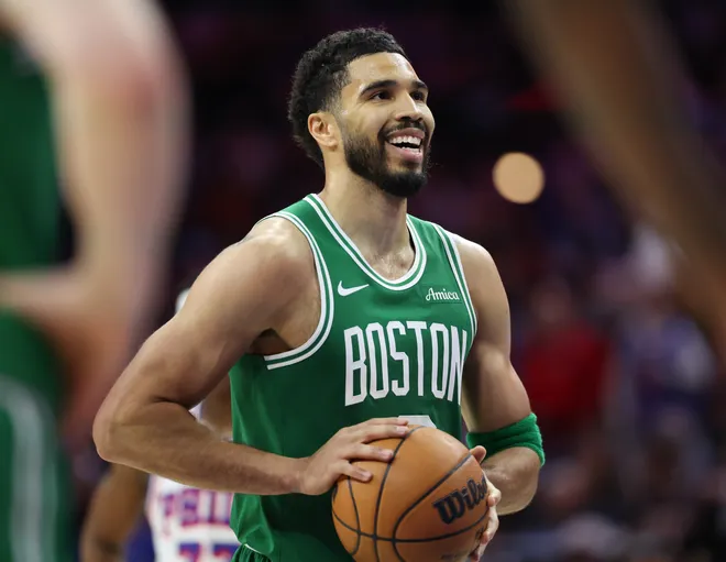 Apr 30, 2026; Philadelphia, Pennsylvania, USA; Boston Celtics forward Jayson Tatum (0) prepares to take a foul shot against the Philadelphia 76ers during the second quarter at Xfinity Mobile Arena. Mandatory Credit: Bill Streicher-Imagn Images