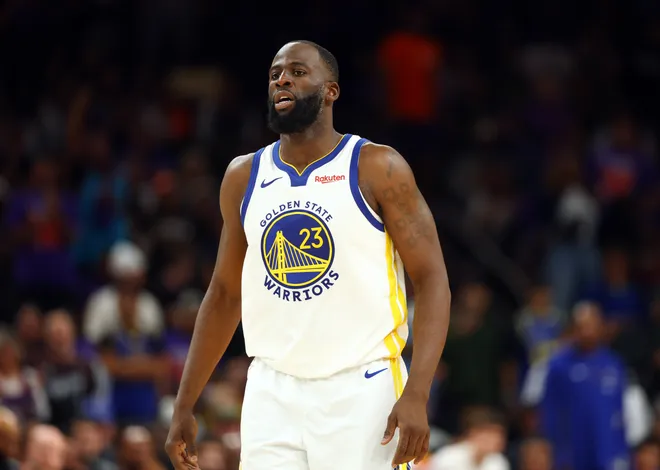 Apr 17, 2026; Phoenix, Arizona, USA; Golden State Warriors forward Draymond Green (23) against the Phoenix Suns during the play-in rounds of the 2026 NBA Playoffs at Mortgage Matchup Center. Mandatory Credit: Mark J. Rebilas-Imagn Images