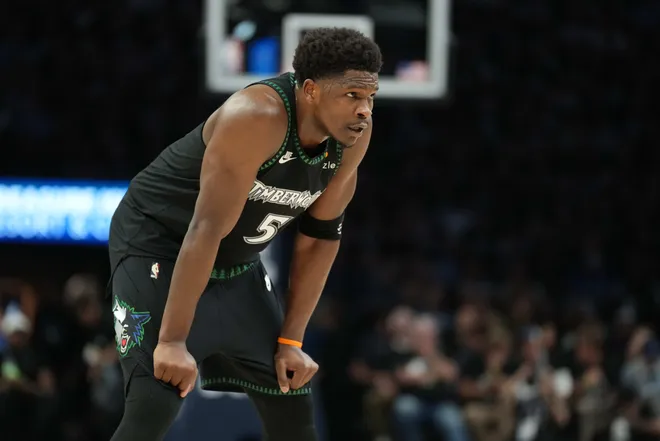 May 15, 2026; Minneapolis, Minnesota, USA; Minnesota Timberwolves guard Anthony Edwards (5) looks on against the San Antonio Spurs in the first half during game six of the second round of the 2026 NBA Playoffs at Target Center. Mandatory Credit: Jesse Johnson-Imagn Images