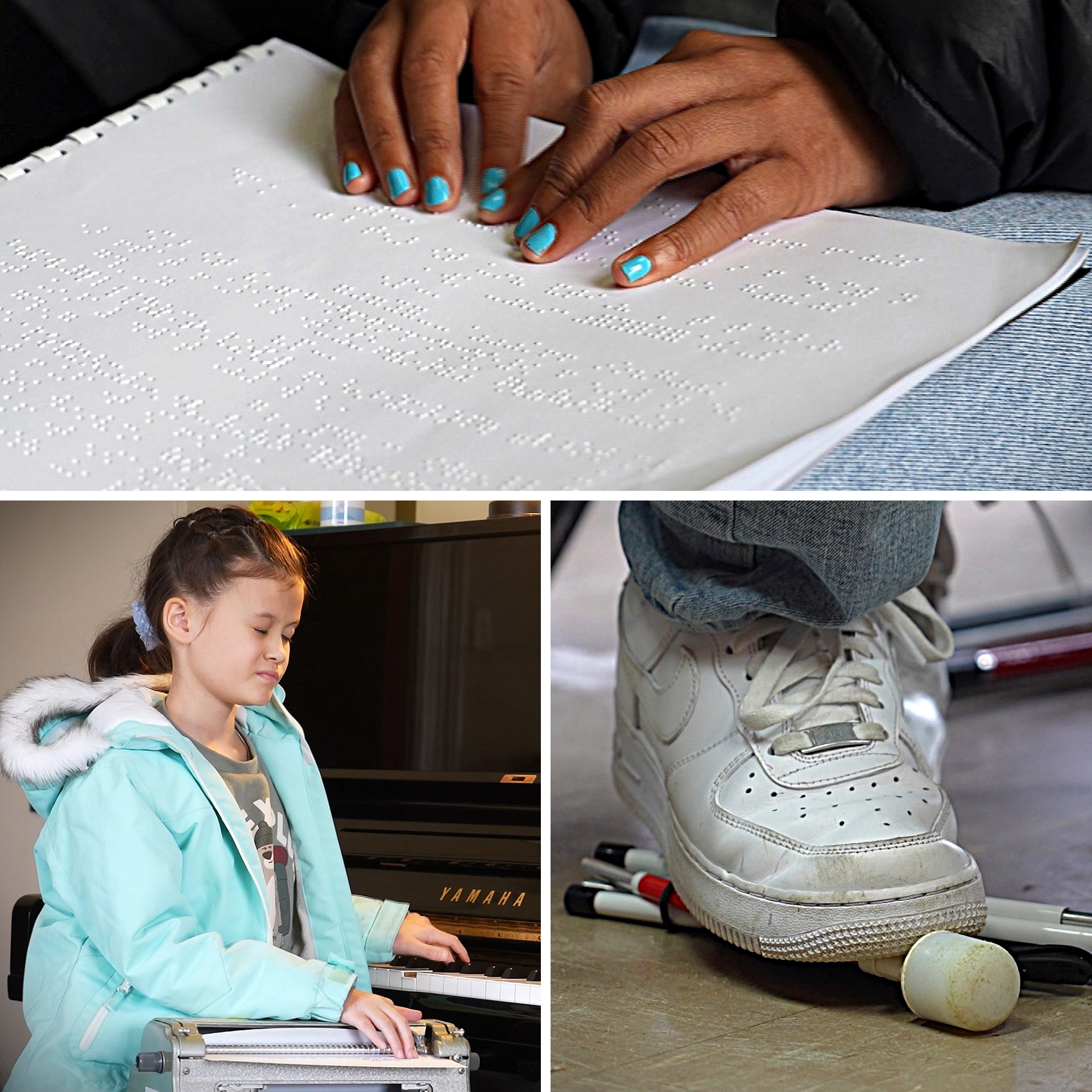 Collage of students using braille music sheets